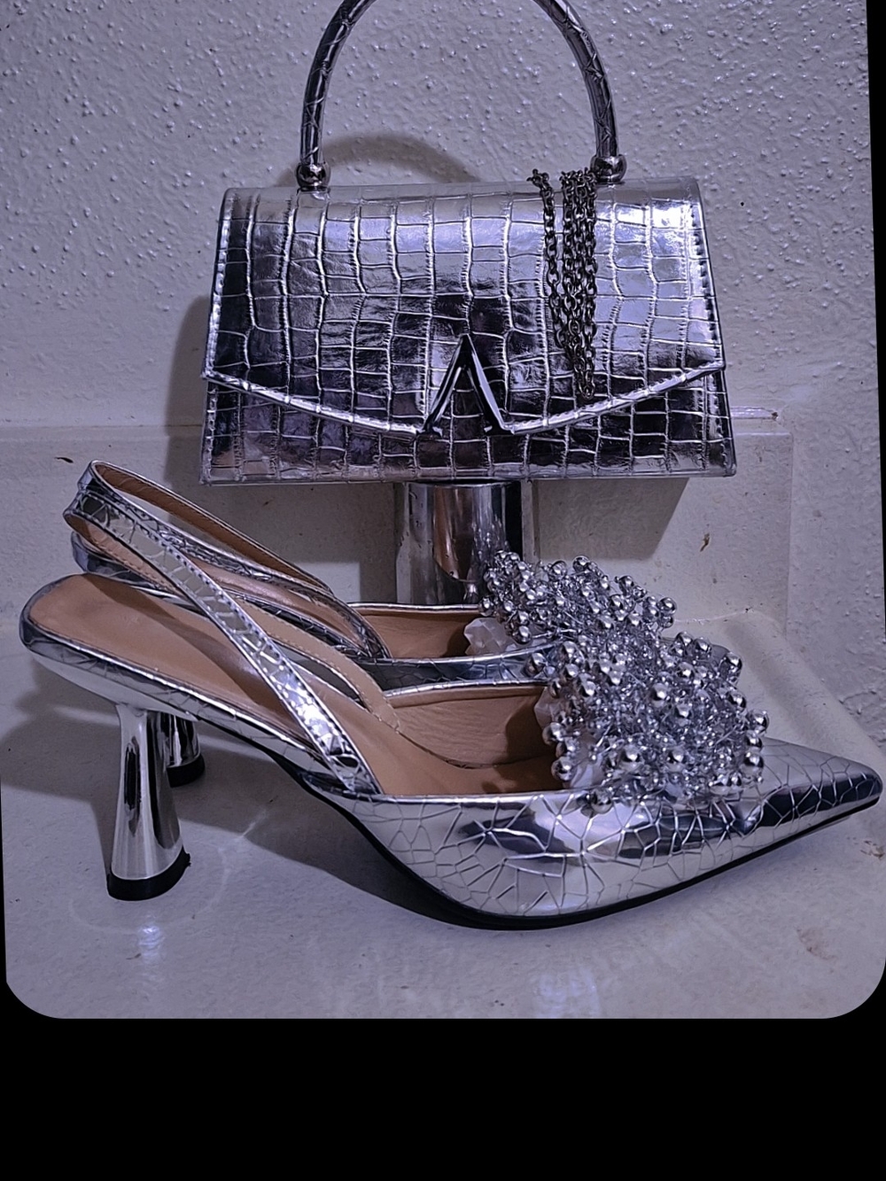 Silver Crystal Slingback Heels for Women